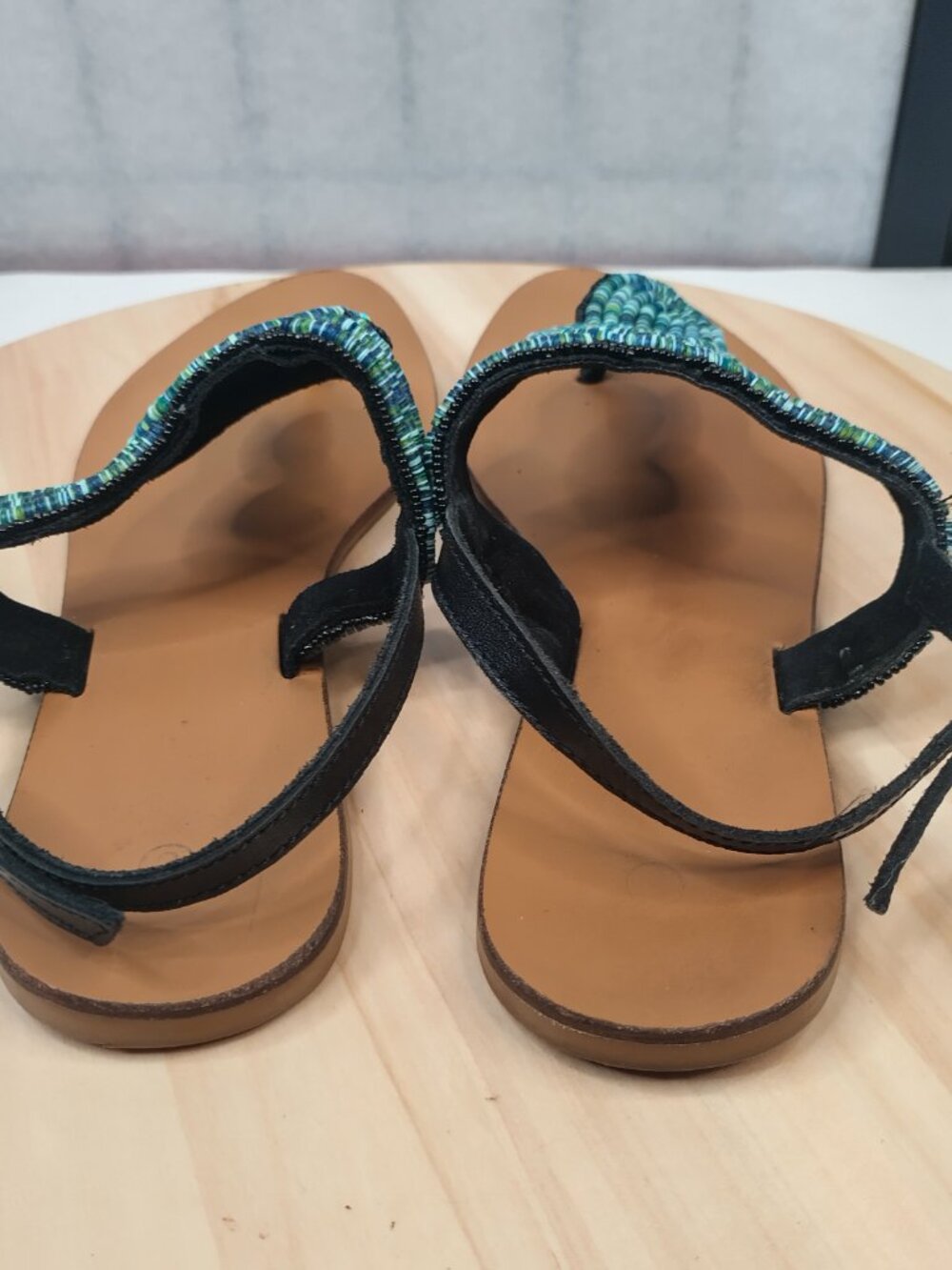 Sandals Blue & Green Beaded Leather Thong Strap Sandals Women US 9 - Picture 8 of 13
